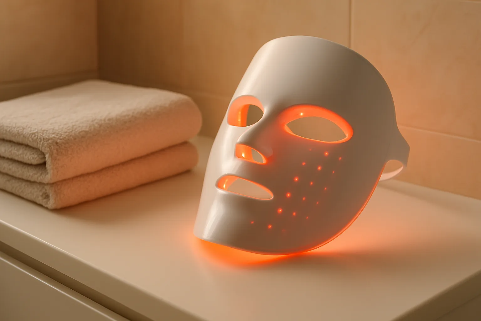 Eine LED-Gesichtsmaske für die Rotlicht-Behandlung liegt auf einer hellen Ablage