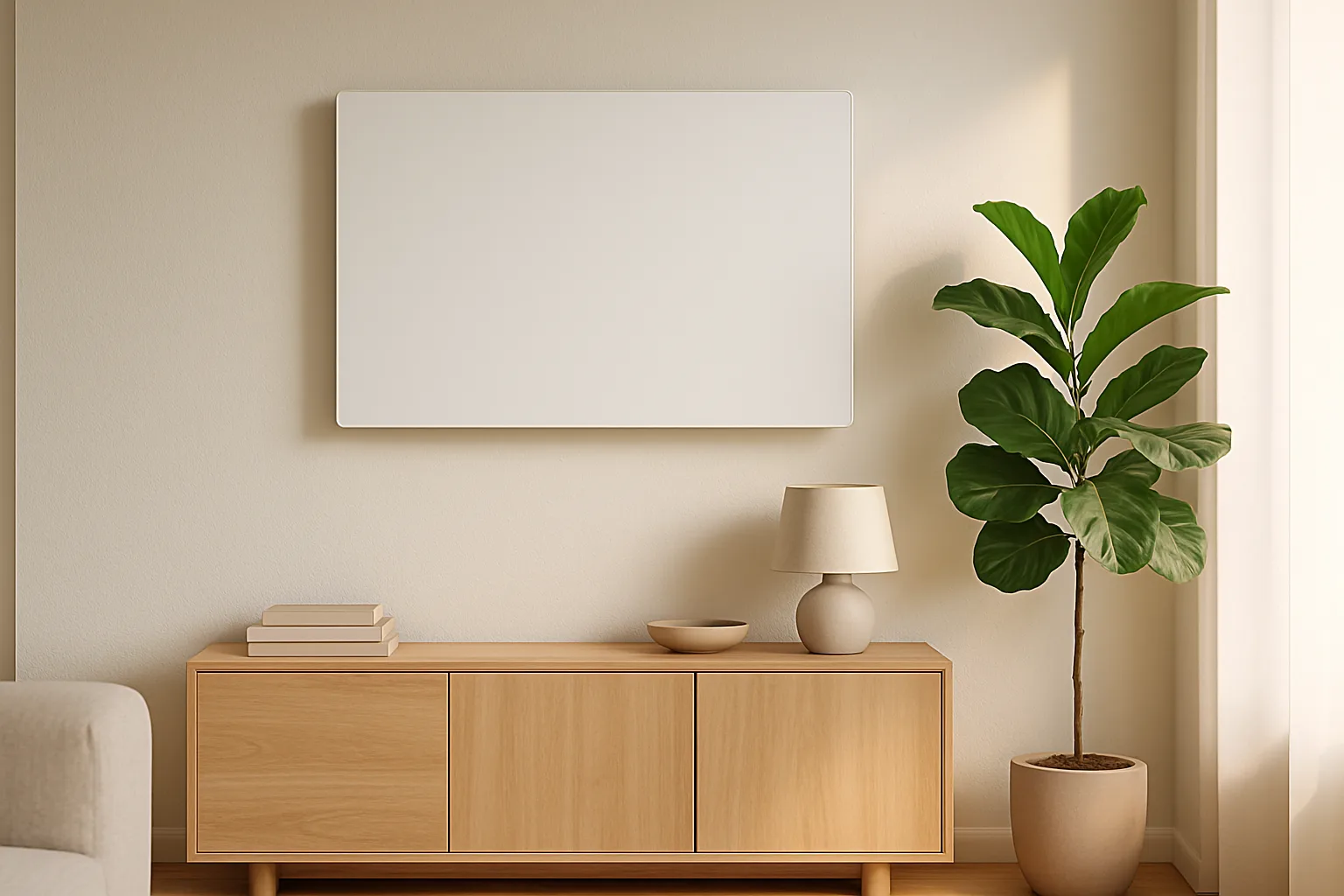 Infrarot-Heizpaneel mit 600 Watt über einem Sideboard in einem modernen Wohnraum