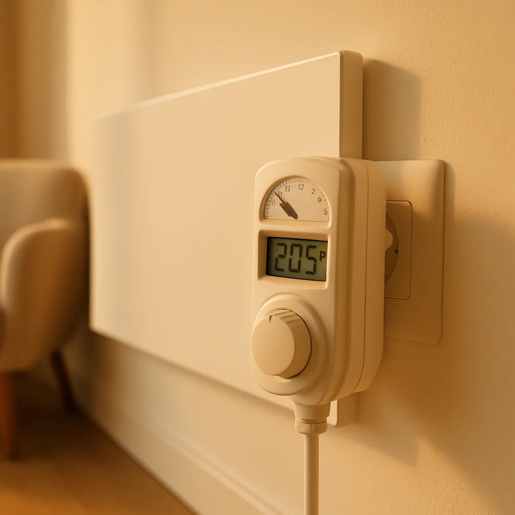 Steckdosen-Thermostat vor einem weißen Infrarot-Wandpaneel mit Abstand zu einem Sessel im Hintergrund