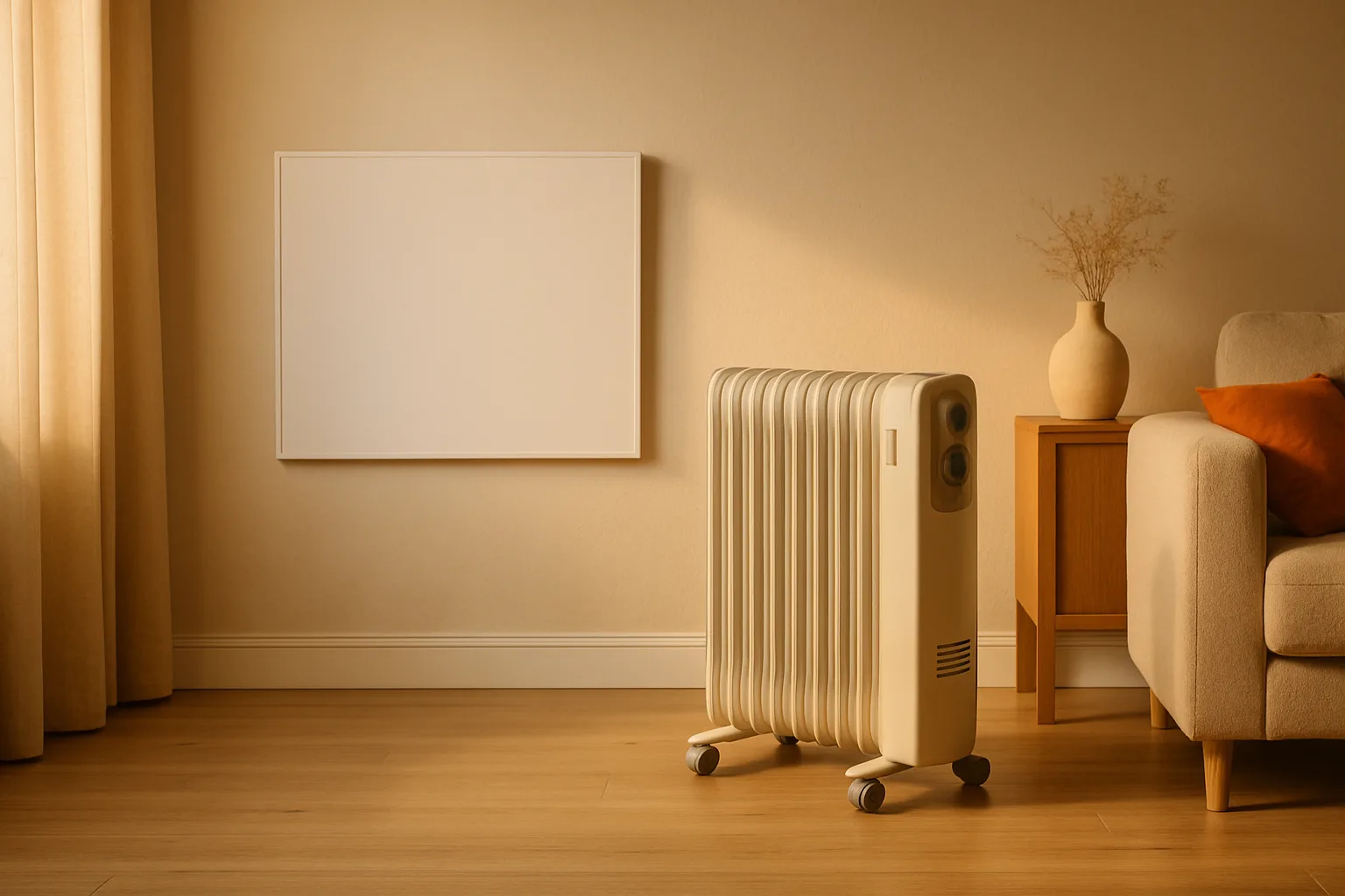 Weißes Infrarot-Heizpaneel an der Wohnzimmerwand, davor ein weißer Elektro-Radiator mit Rippen auf Rollen neben einem Sofa
