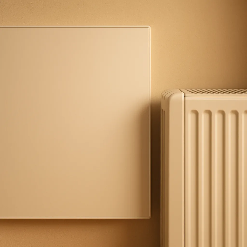 Glatte weiße Heizfläche eines Infrarot-Paneels an der Wand, rechts daneben die senkrechten Rippen eines weißen Elektro-Radiators