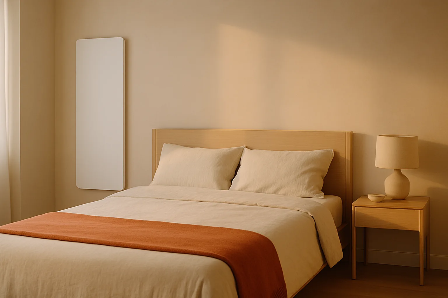 Schlankes weißes Infrarot-Wandpaneel seitlich neben dem Bett in einem ruhigen, hellen Schlafzimmer