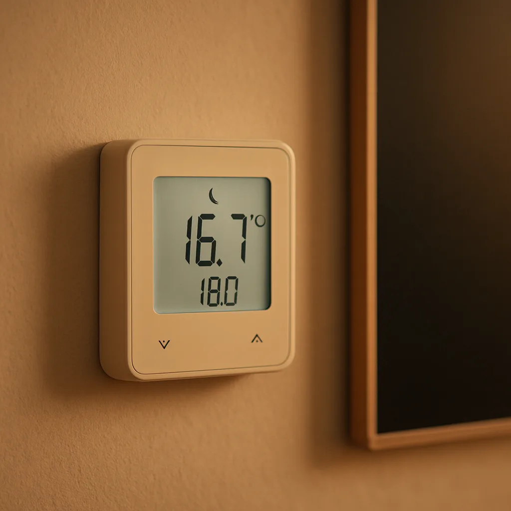 Funk-Thermostat-Display neben einem Infrarot-Wandpaneel im Schlafzimmer, zeigt eine niedrige Nachttemperatur