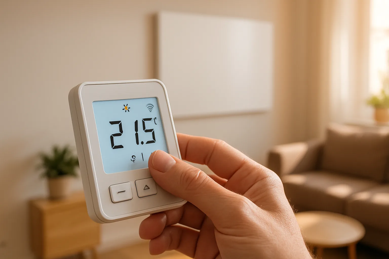 Funkthermostat steuert eine Infrarotheizung im Wohnzimmer
