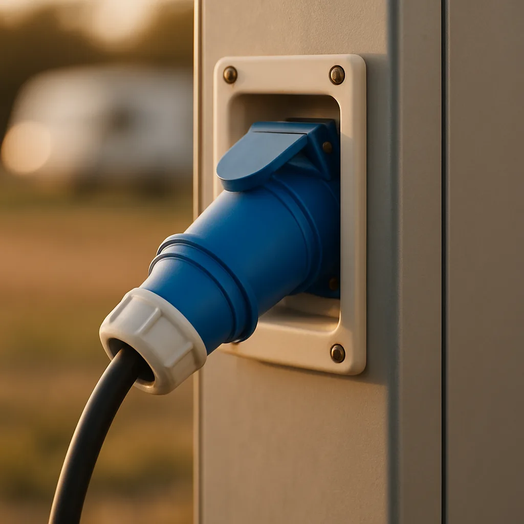 Blauer CEE-Stecker wird in eine Landstrom-Anschlusssäule auf einem Campingplatz gesteckt