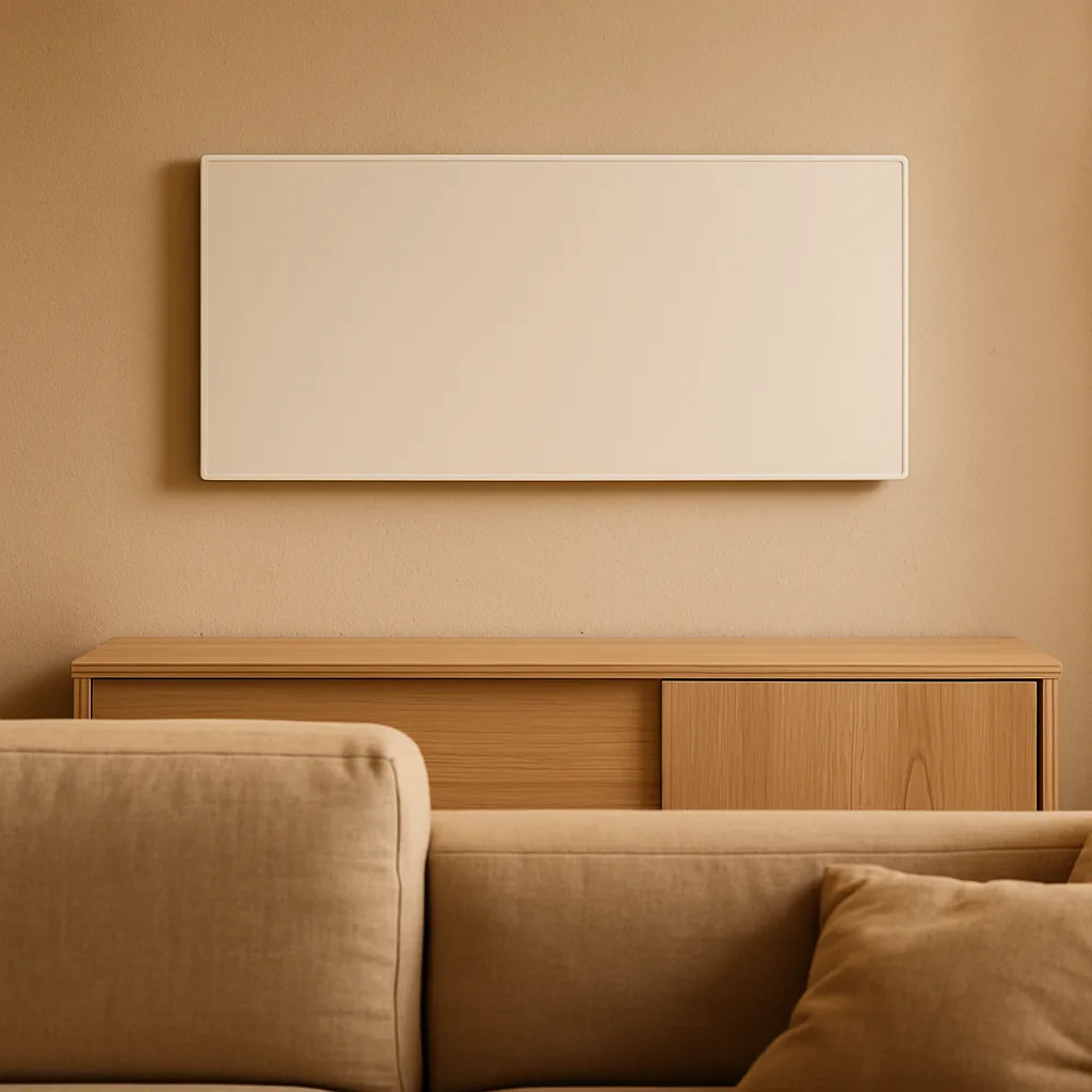 Weißes Infrarot-Wandpaneel über einem Sideboard im Wohnzimmer, mit freiem Abstand zur Sitzgruppe davor