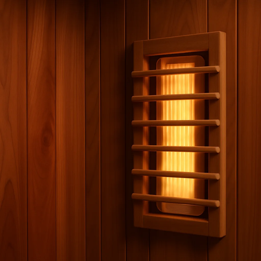 Rote Zedernholz-Wand mit leuchtendem Infrarotstrahler hinter einem Holzgitter im Innenraum einer Kabine