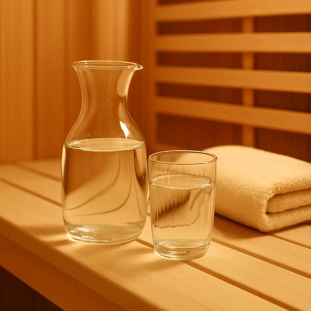 Glaskaraffe mit Wasser und ein volles Trinkglas auf der Holzbank einer Infrarotkabine neben einem gefalteten Handtuch