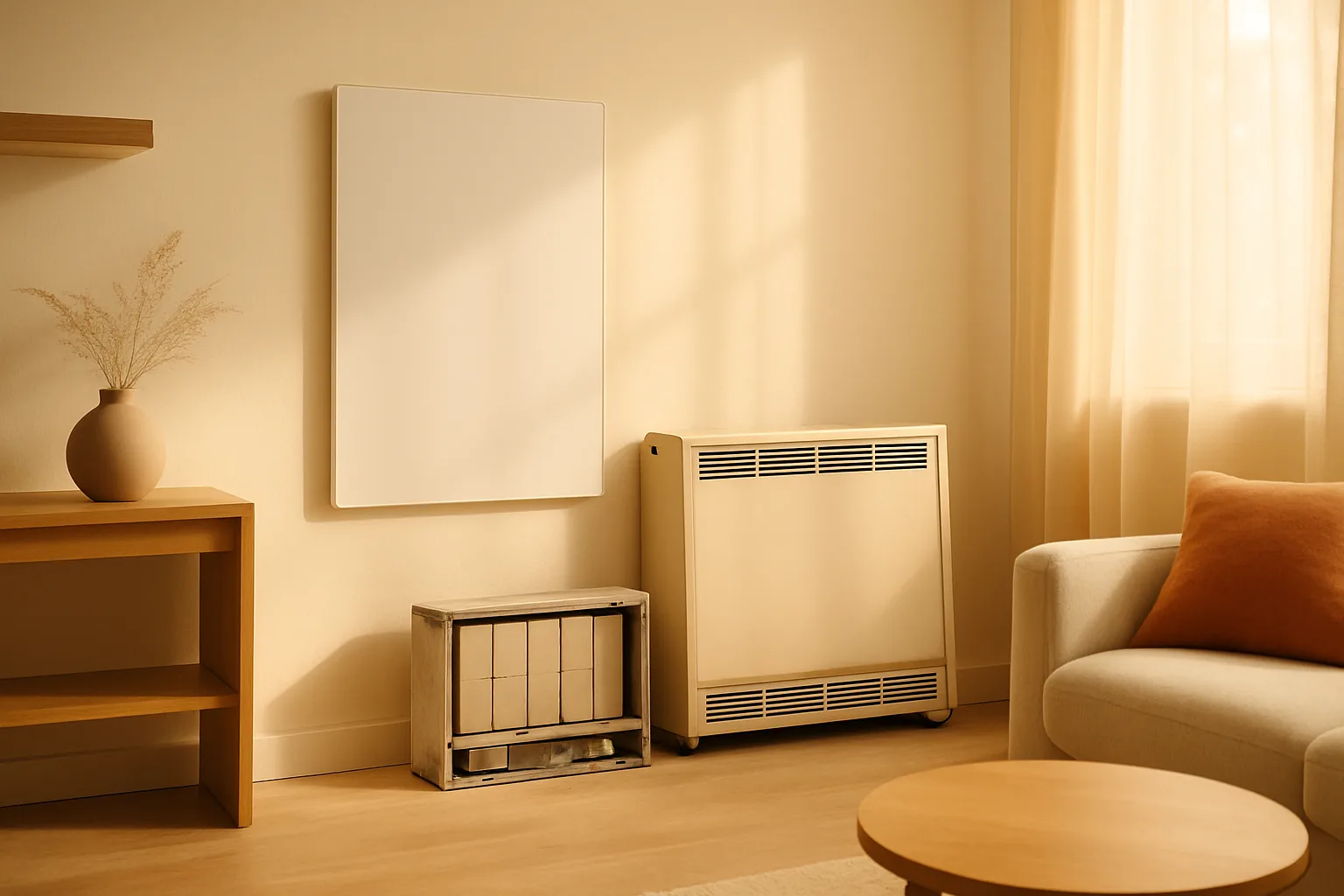Modernes Infrarot-Wandpaneel neben einem ausgebauten alten Nachtspeicherofen im Wohnzimmer